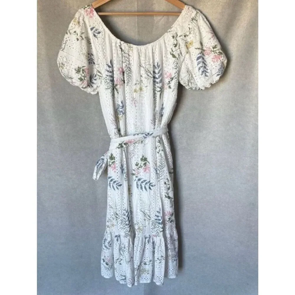 Just Me Cotton Eyelet Puff Sleeve Midi Waist Tie Tiered OffShoulder Floral Dress